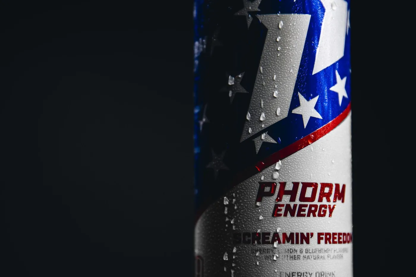 Phorm Energy Screamin' Freedom cans lined up showing the full product lineup