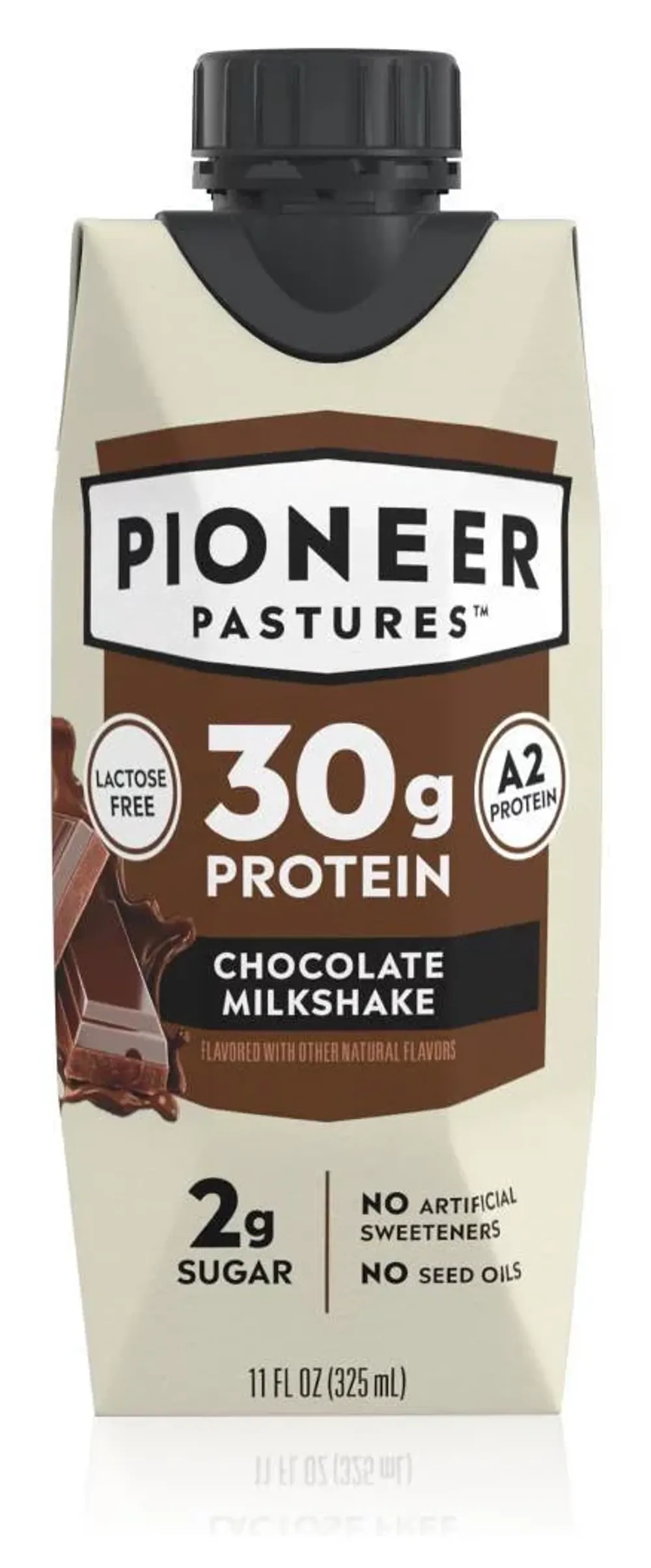 A front-facing cream-colored carton with a black cap, labeled Pioneer Pastures Chocolate Milkshake