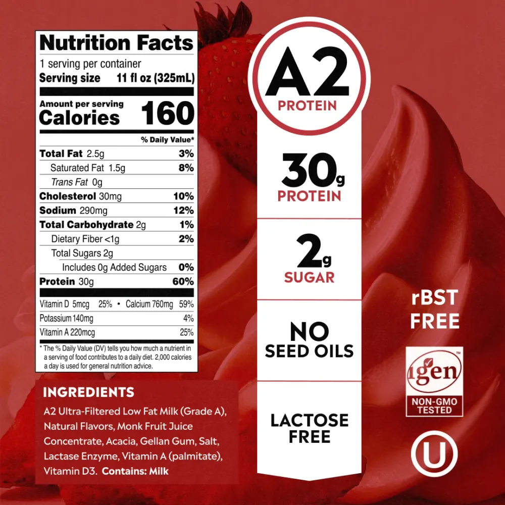 Pioneer Pastures Strawberries & Cream Milkshake nutrition graphic, with a Nutrition Facts panel and ingredients block on the left and a white banner highlighting A2 protein