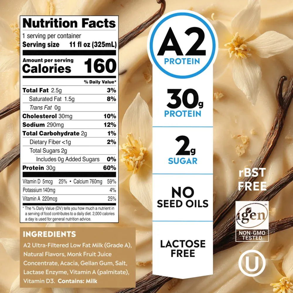 Pioneer Pastures Vanilla Milkshake nutrition and ingredient graphic, with a Nutrition Facts panel and a banner highlighting 30g protein, 2g sugar, no seed oils, and lactose free