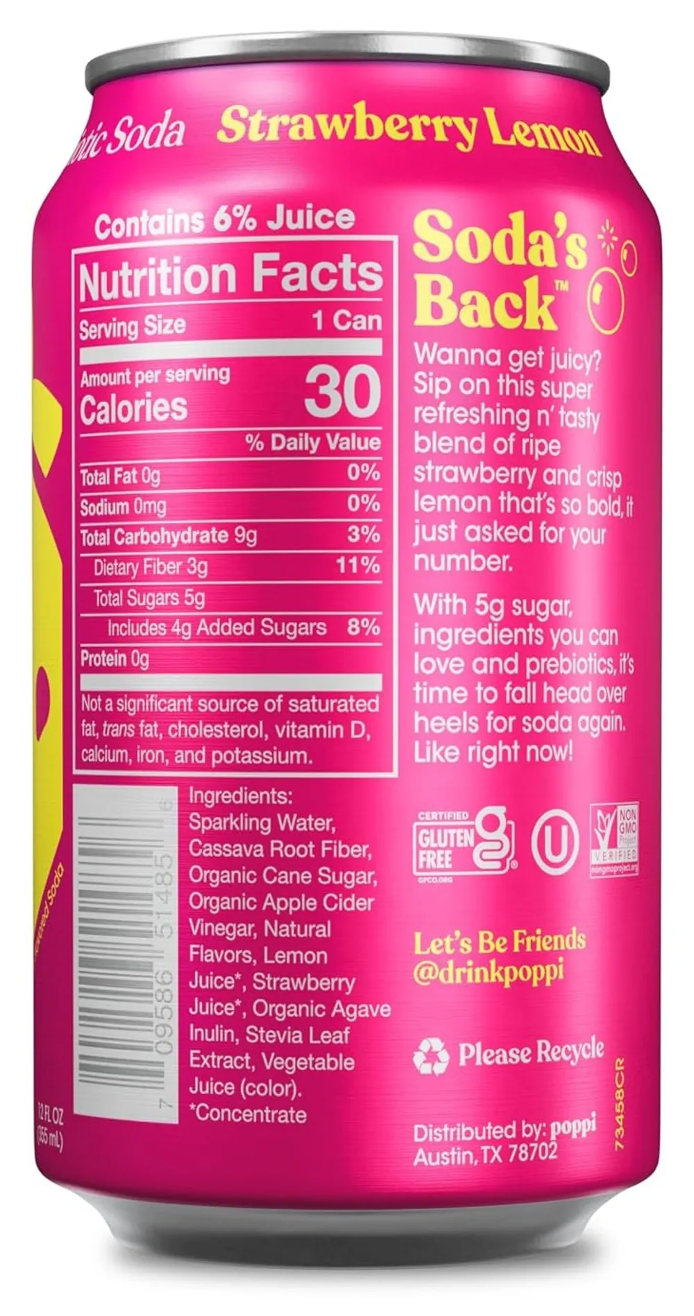 Poppi Prebiotic Soda Nutrition Facts and ingredients label