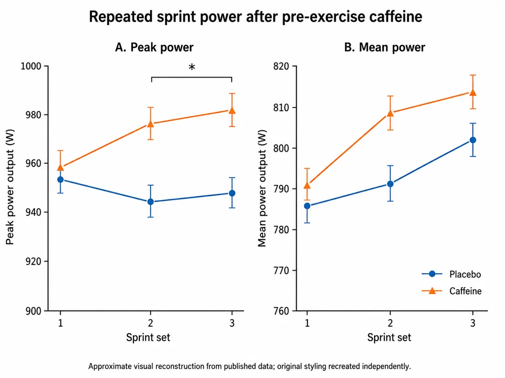 One Dose, Hours of Performance: Caffeine's Sprint Benefits Persisted for 3.5 Hours pre exercise caffeine repeated sprint power