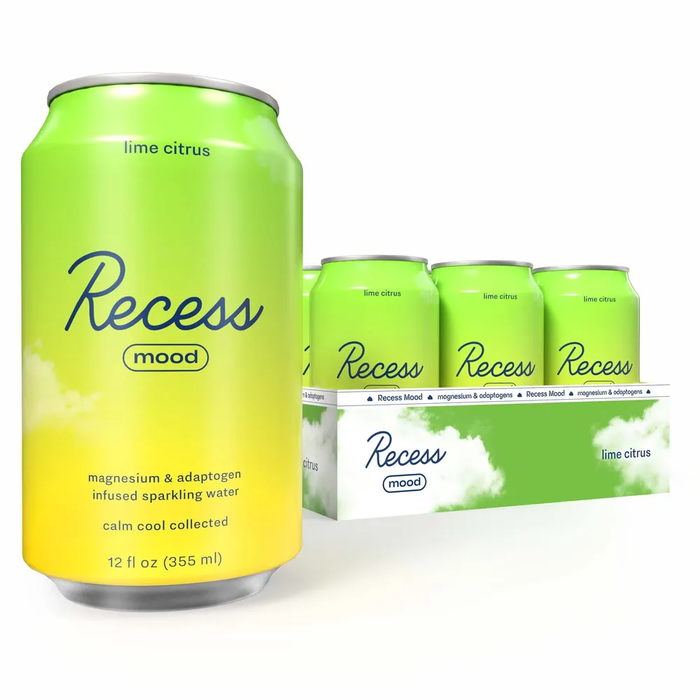 A bright green-and-yellow Recess Mood lime citrus can is shown prominently in front of a carton holding three matching cans against a white background