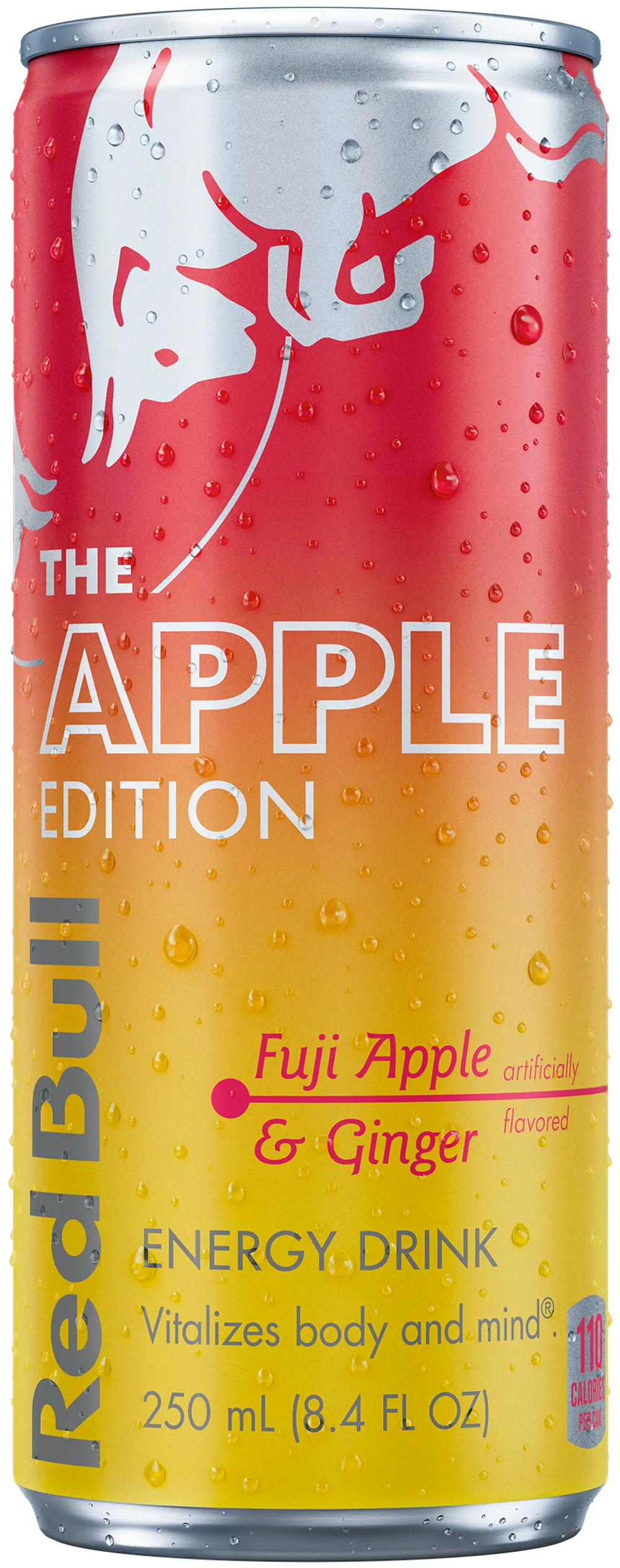 Red Bull Apple Edition 8.4 fl oz can, front view, with a red-to-yellow gradient, water droplets, and the Fuji Apple and Ginger flavor callout