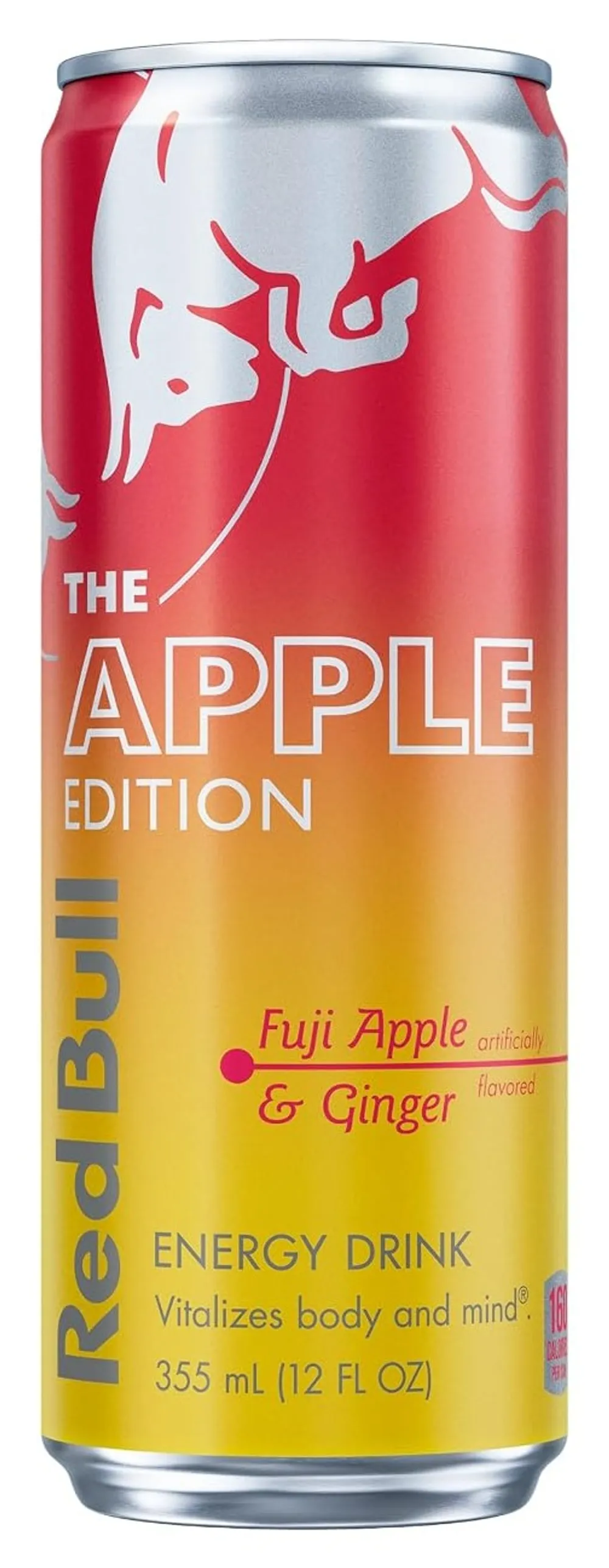 Red Bull Apple Edition 12 fl oz can with a red-to-yellow gradient and a Fuji Apple and Ginger flavor callout
