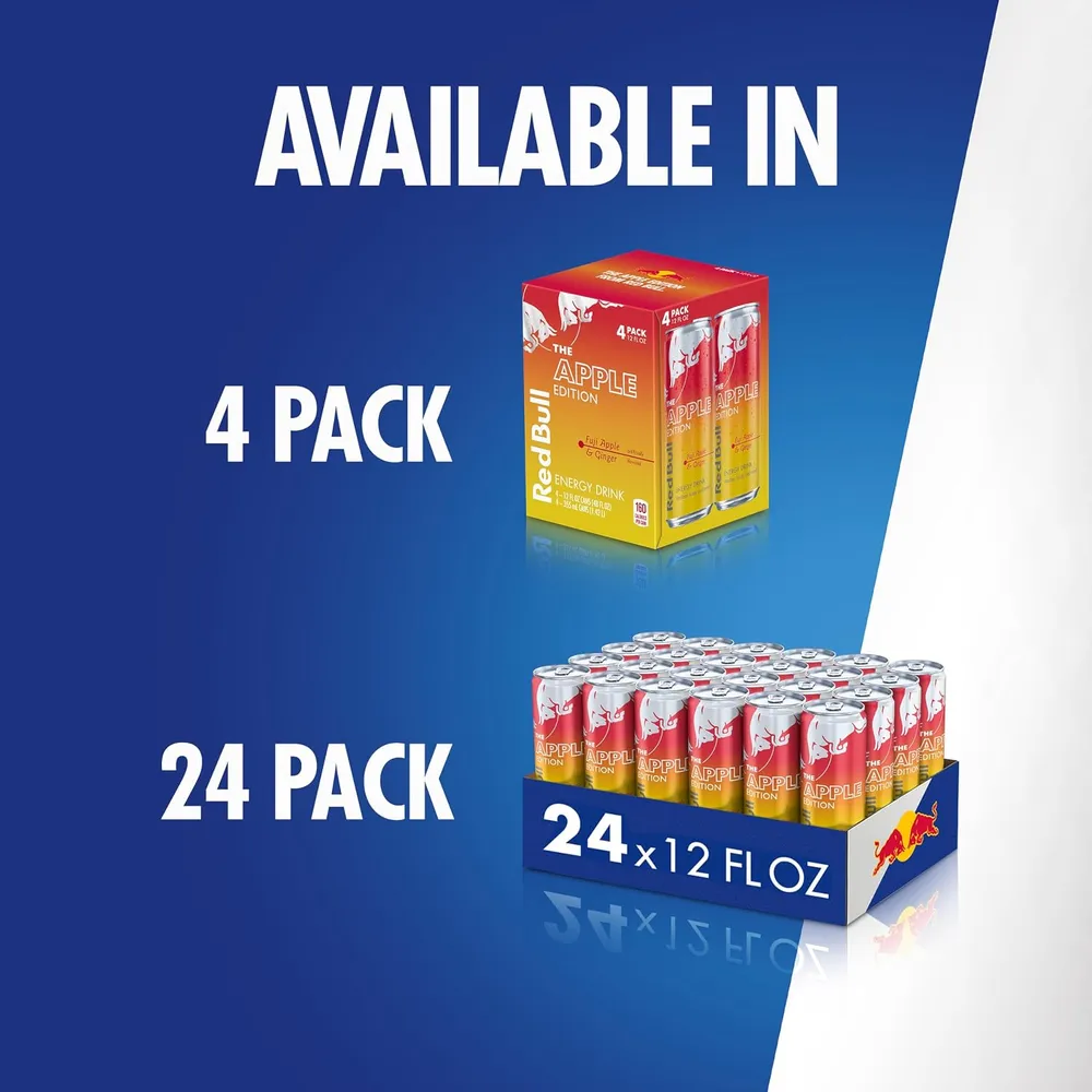 A blue promotional graphic shows Red Bull Apple Edition in a four-pack carton and a 24-can display tray