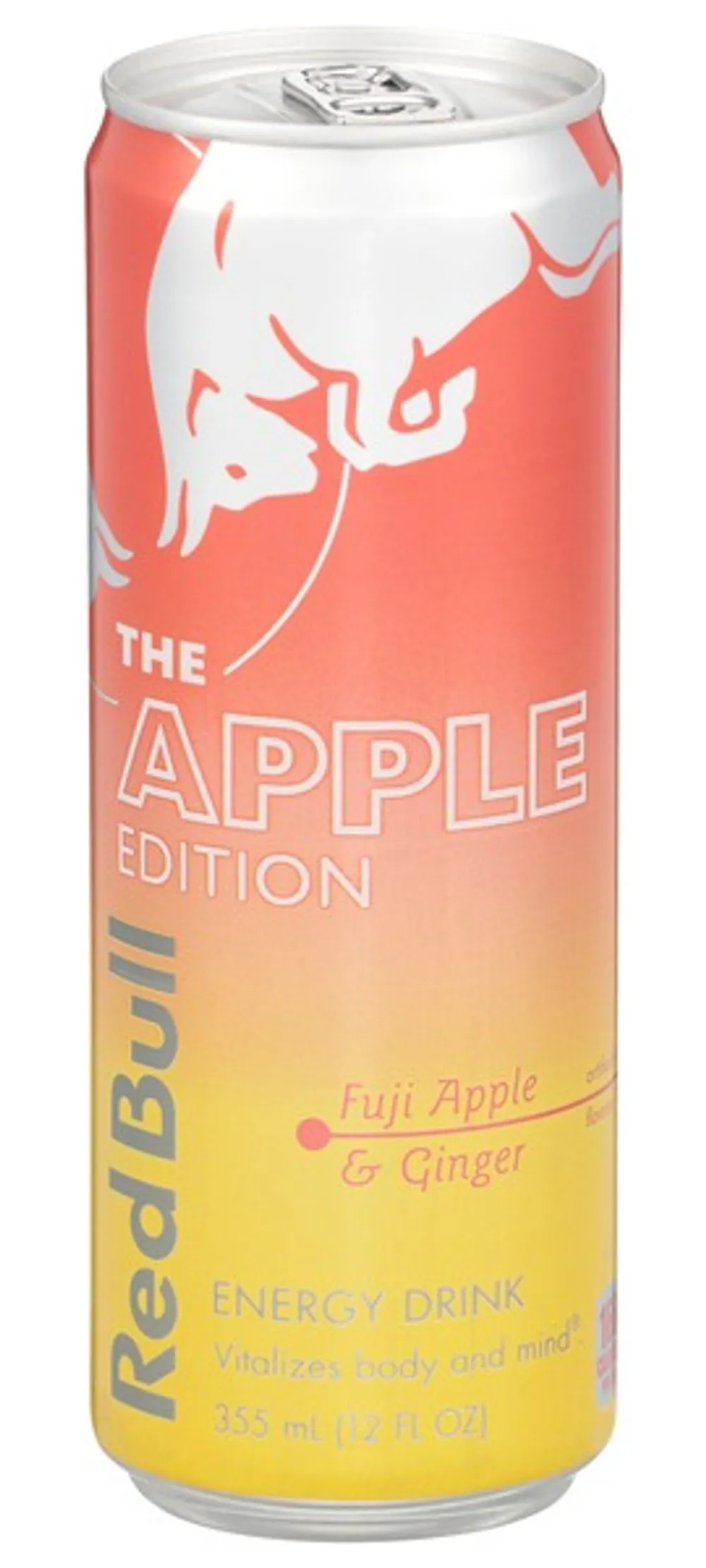 Red Bull Apple Edition 12 fl oz can, front view, in its pink-to-yellow Fuji Apple and Ginger design