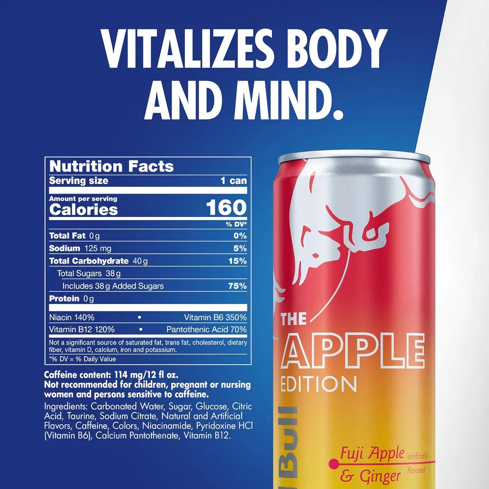 Red Bull Apple Edition Nutrition Facts panel and ingredient list for the 12 fl oz can, shown beside the red-to-yellow Apple Edition can