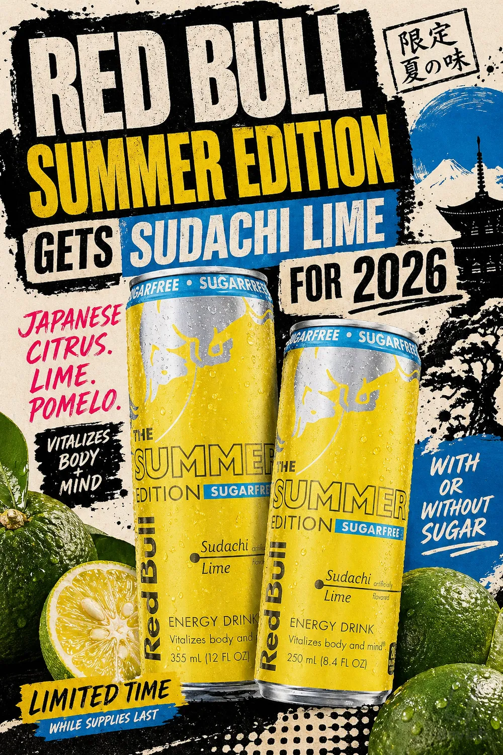 Red Bull Summer Edition Sudachi Lime can in vibrant yellow