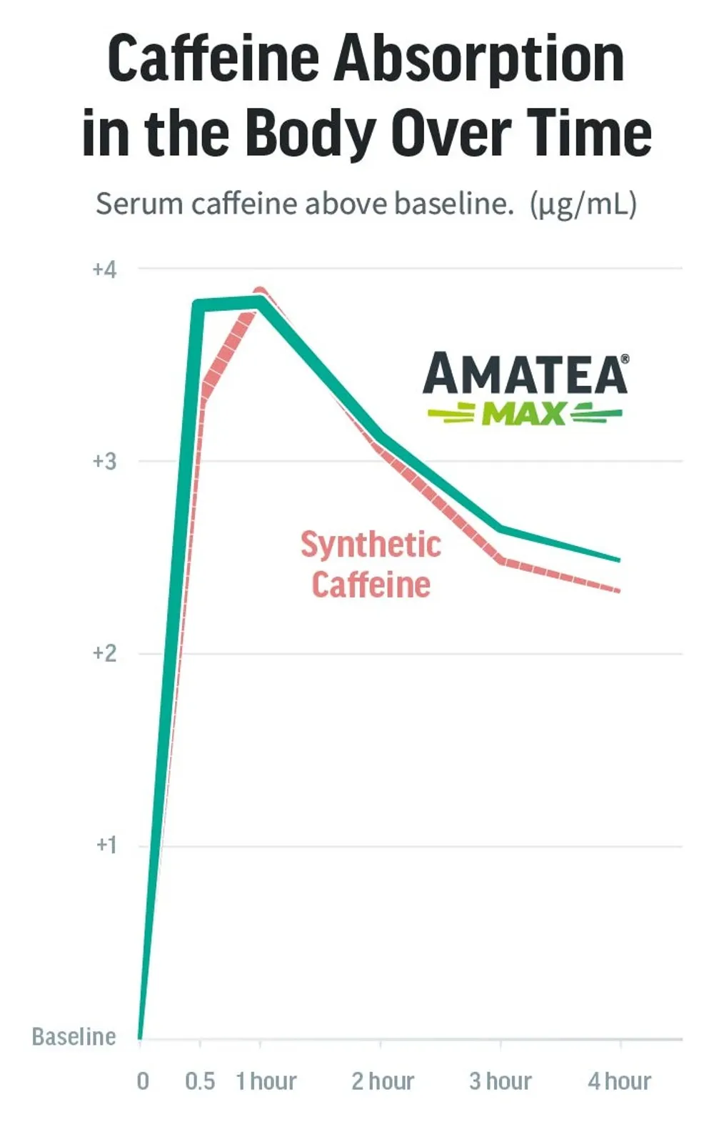 A chart titled “Caffeine Absorption in the Body Over Time” compares serum caffeine levels over four hours for AmaTea Max and synthetic caffeine
