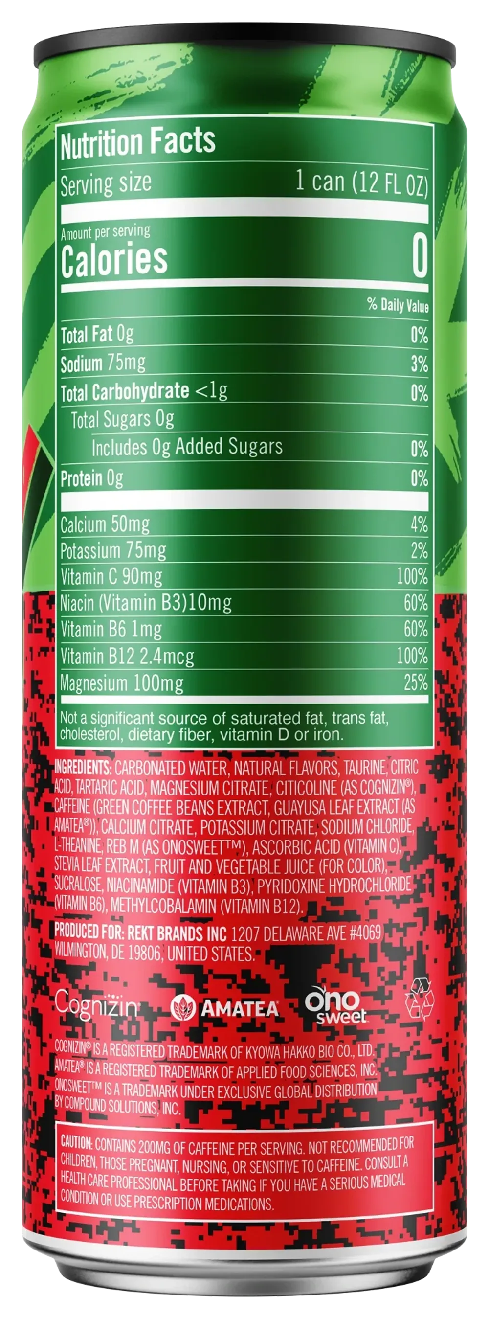 Back of a Rekt Energy + Focus FaZe W Melon can, showing the Nutrition Facts panel, ingredient list and caffeine caution statement
