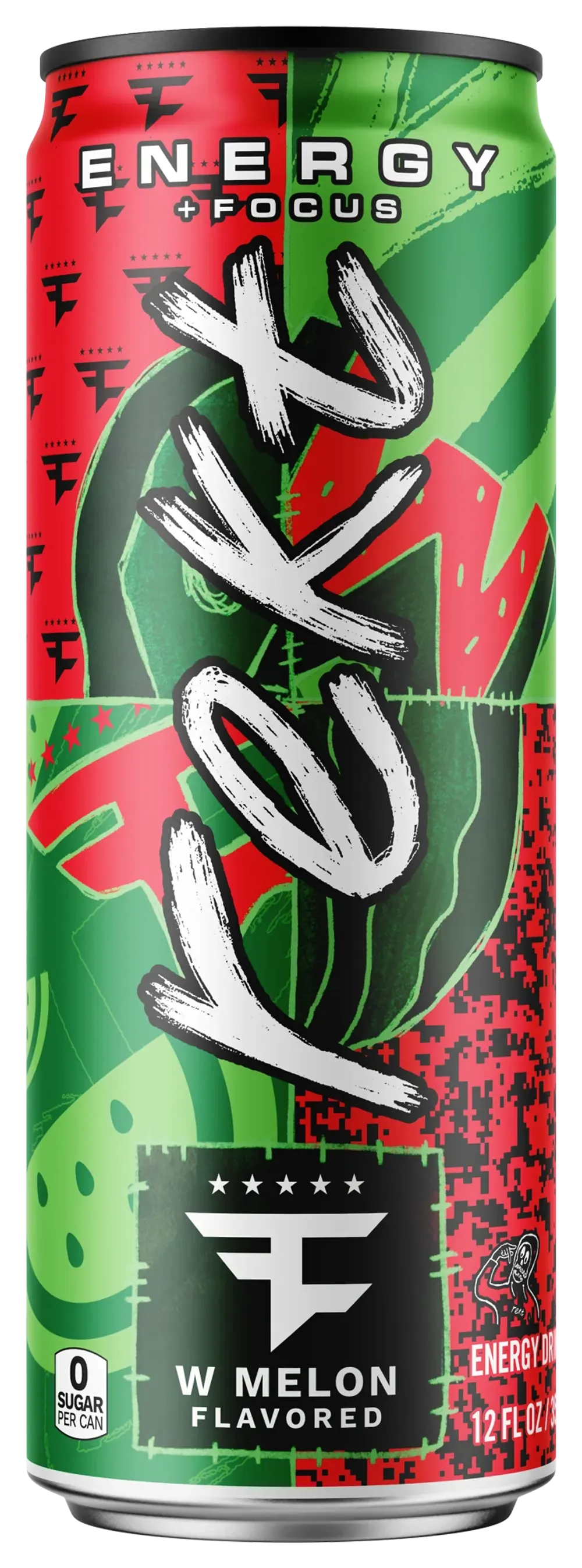 A slim Rekt Energy + Focus drink can with a red-and-green split design and large black-and-white lettering