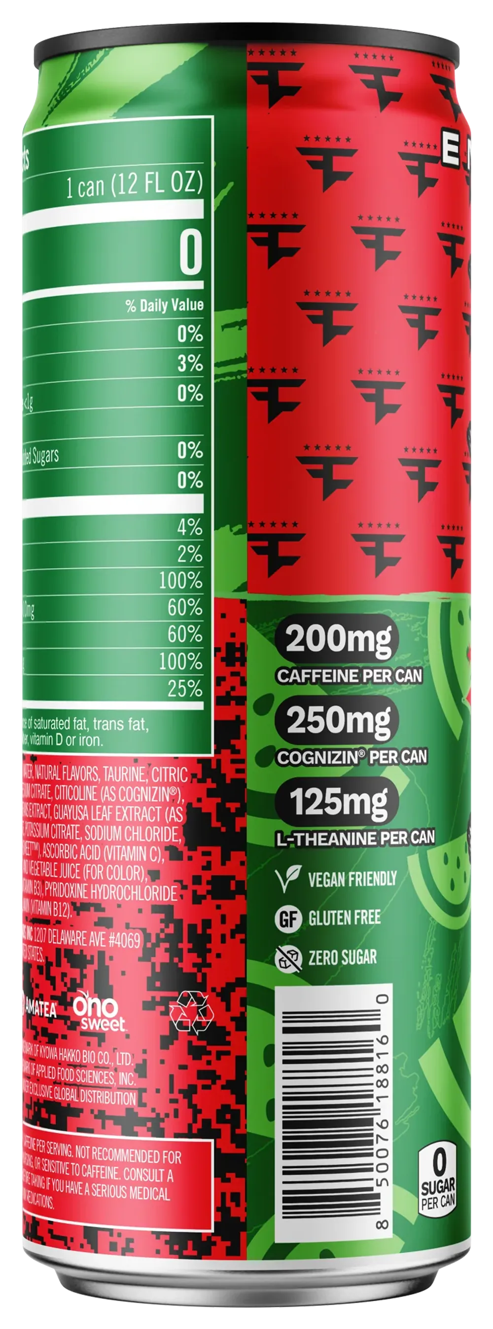 A cylindrical energy drink can is shown from the side, with green, red, and black graphic panels and repeated angular logos