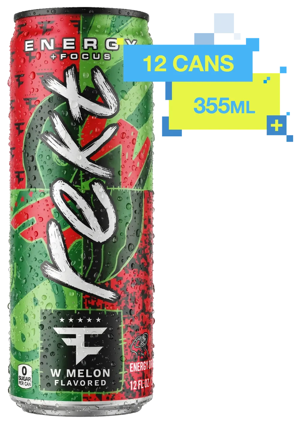 A Rekt Energy + Focus FaZe W Melon can covered in condensation, with a badge reading 12 cans, 355ml