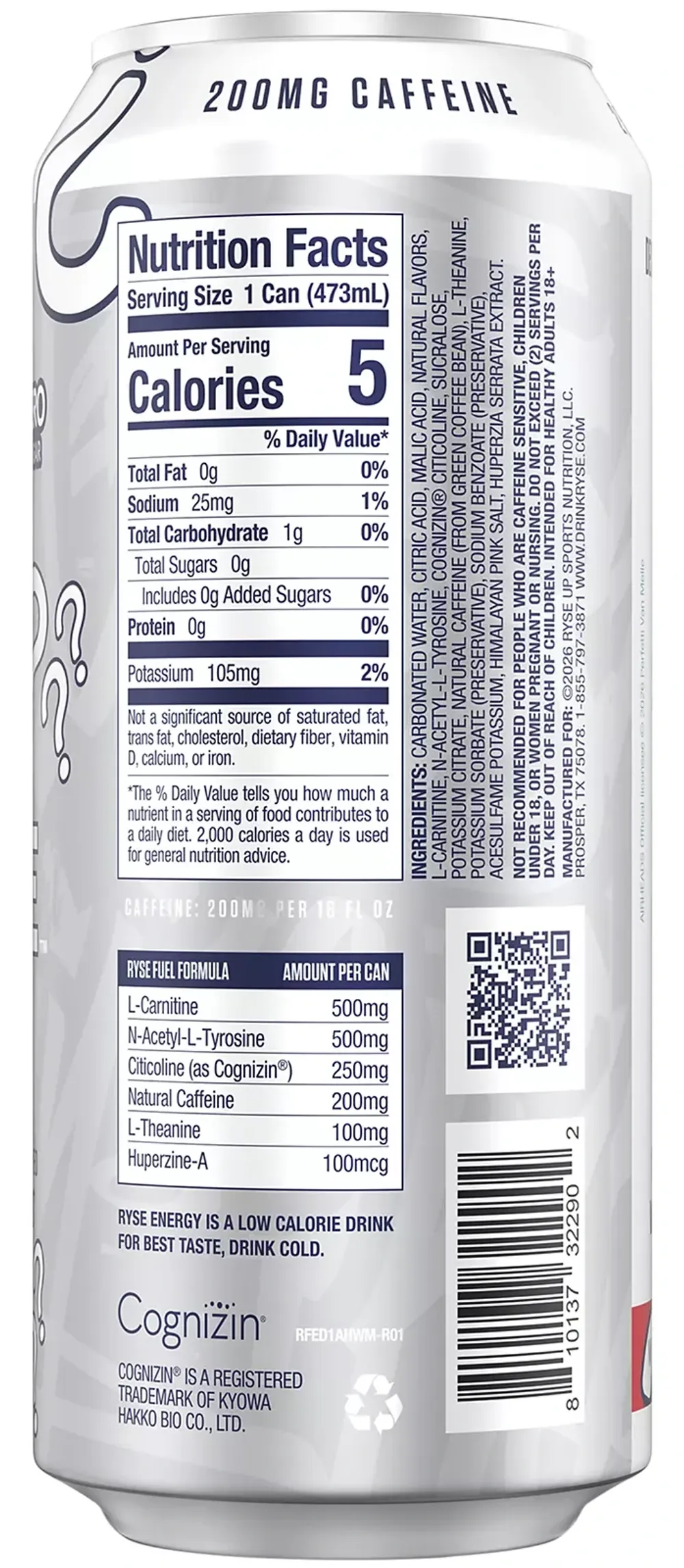 Ryse Fuel Energy Drink Airheads White Mystery Can Ingredients