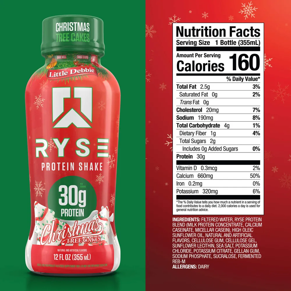 RYSE Protein Shake RTD Christmas Tree Cakes bottle beside its Nutrition Facts panel: 160 calories, 30g protein, 0g added sugars