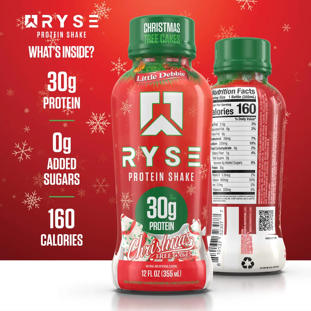 RYSE Christmas Tree Cakes protein shake graphic listing 30g protein, 0g added sugars and 160 calories, with the front and back of the bottle