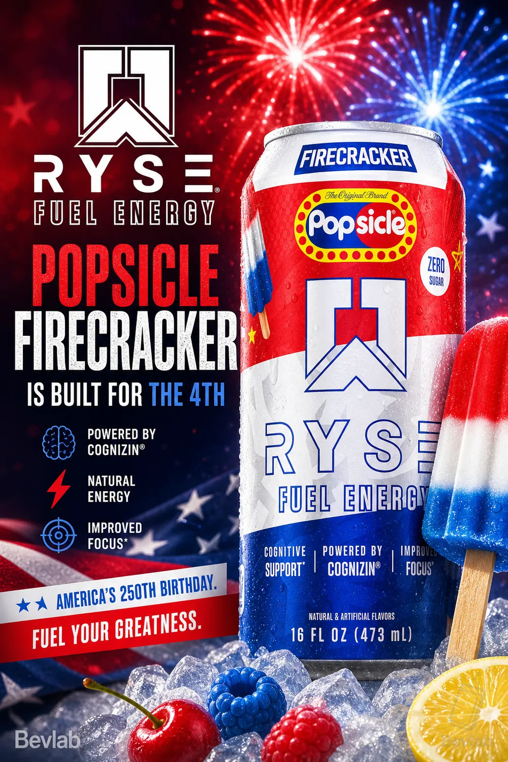 RYSE Fuel Popsicle Firecracker energy drink can with red, white, and blue branding
