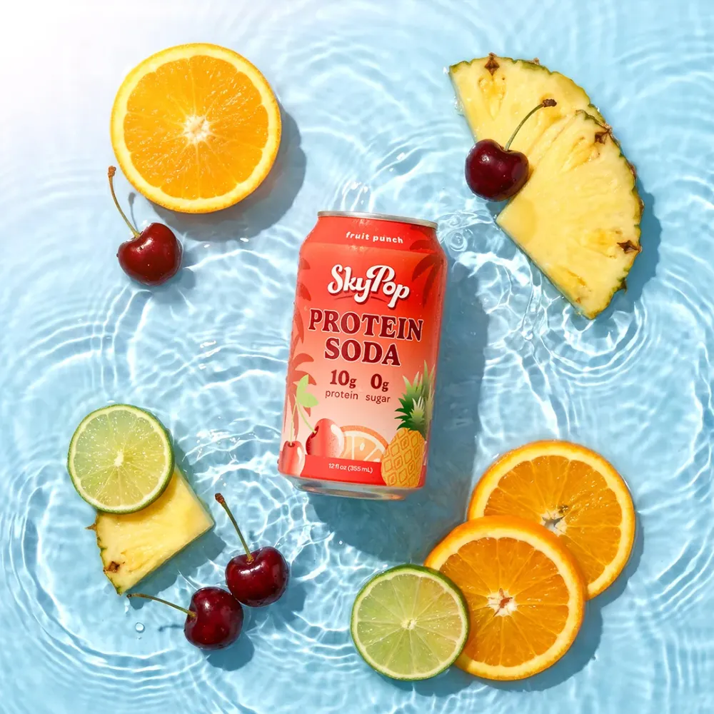 SkyPop Protein Soda Fruit Punch can
