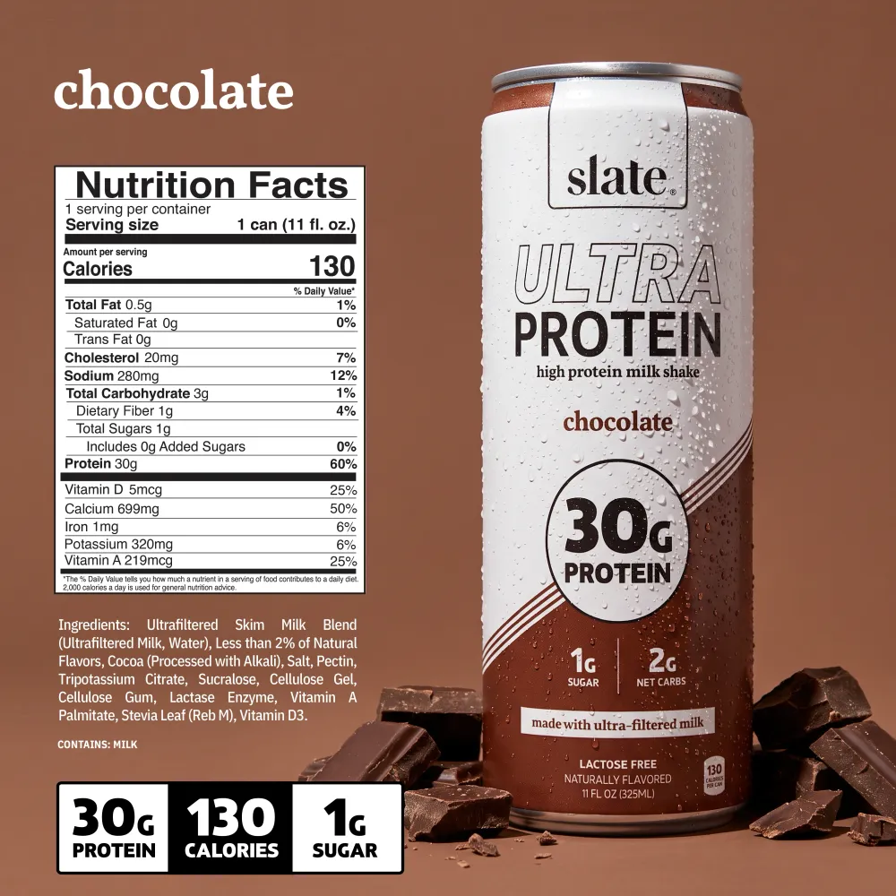 A white Slate can of Ultra Protein high protein milk shake in chocolate flavor stands beside a Nutrition Facts panel, with chocolate pieces scattered across the surface