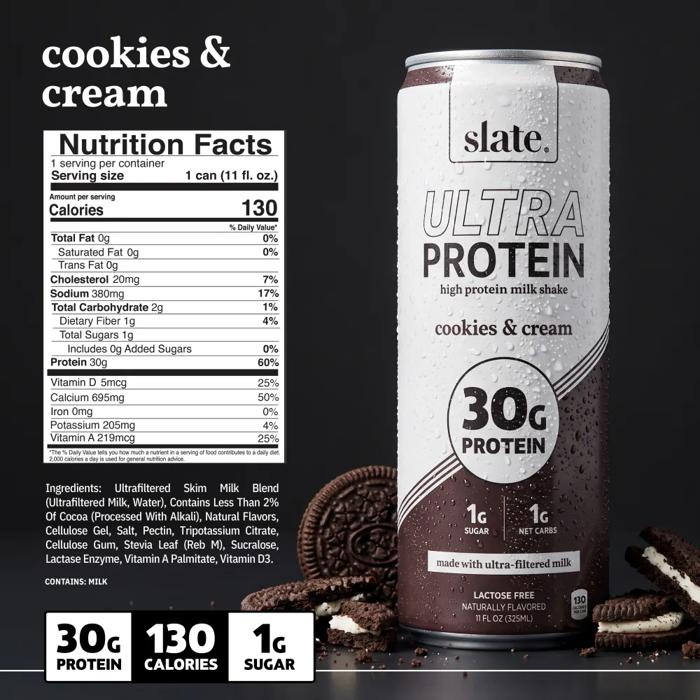 A Slate Ultra Protein high-protein milk shake can is shown beside chocolate sandwich cookies and cream on a dark surface