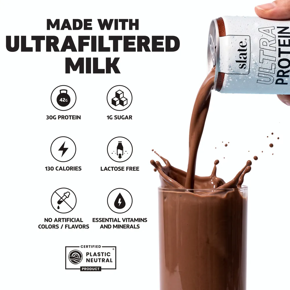 An ad-style graphic shows a Slate Ultra Protein can pouring chocolate-colored liquid into a glass, with a splash against a white background