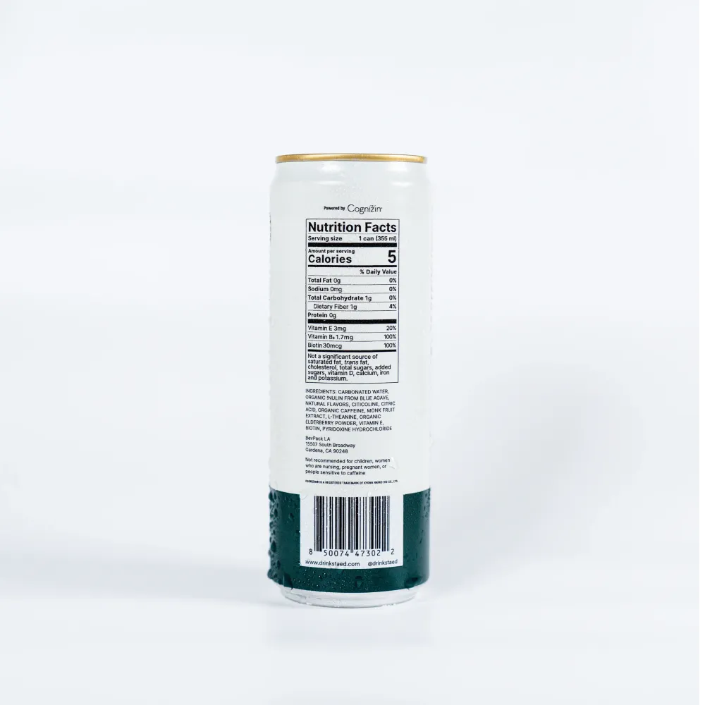 Back of a Staed Clean & Sparkling Productivity Drink can showing the Nutrition Facts panel (5 calories per 355 ml can, vitamin E, vitamin B6 and biotin), the ingredient list and the Cognizin logo
