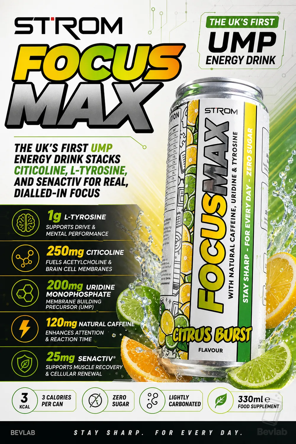 Strom Focusmax energy drink can held against a dark background