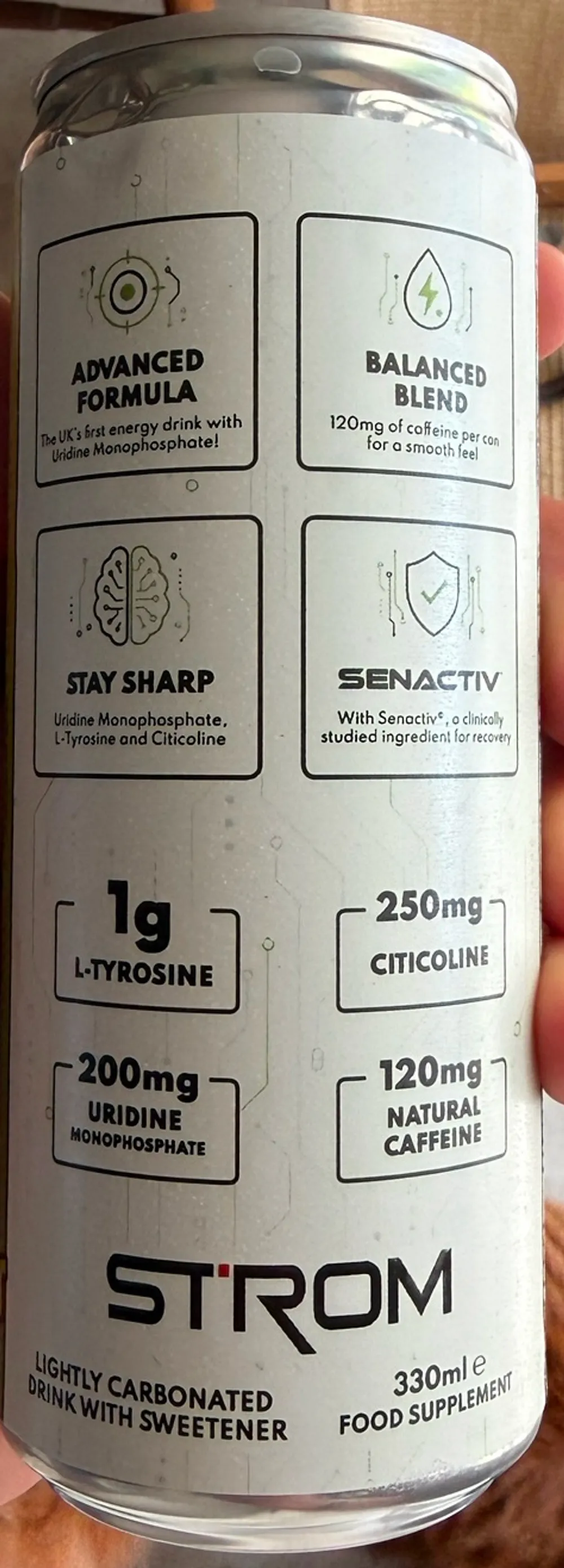 Strom Focusmax can side panel showing formula details