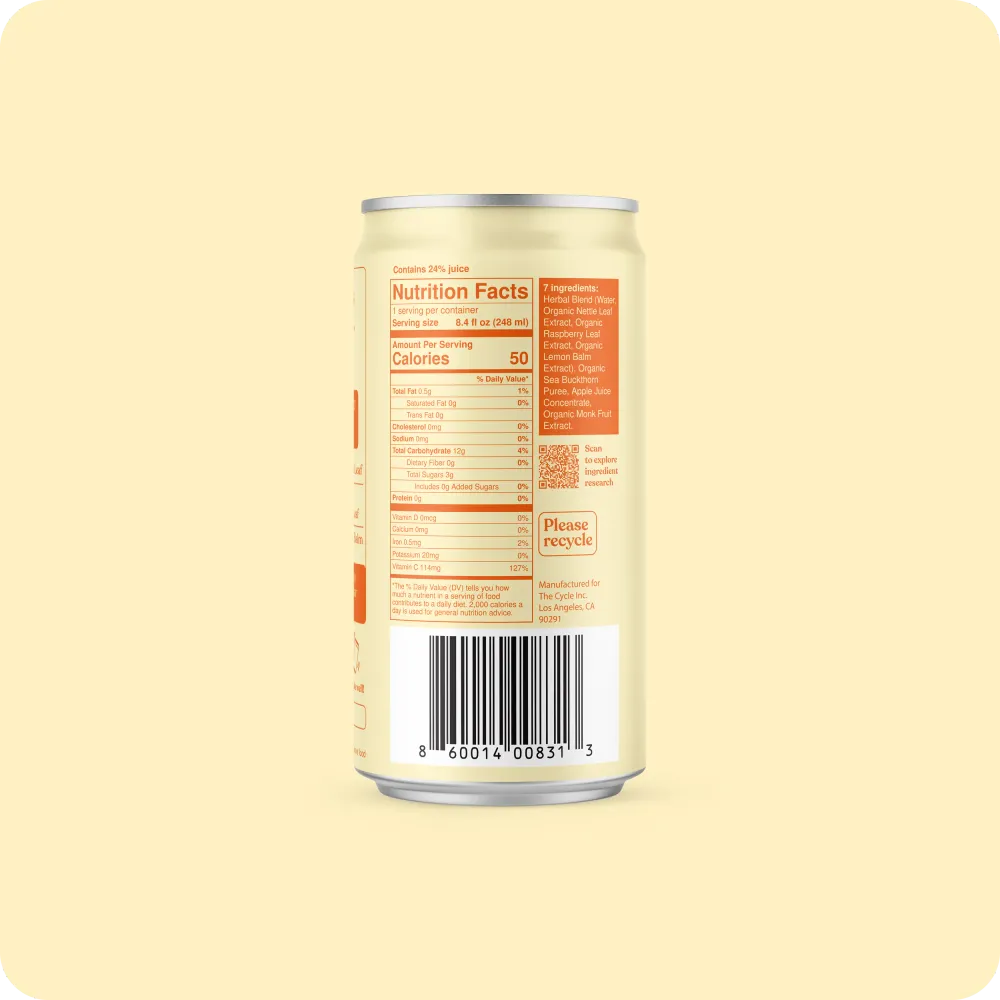 A pale cream-colored beverage can is shown from the back, with an orange-accented Nutrition Facts panel, ingredient text, and barcode