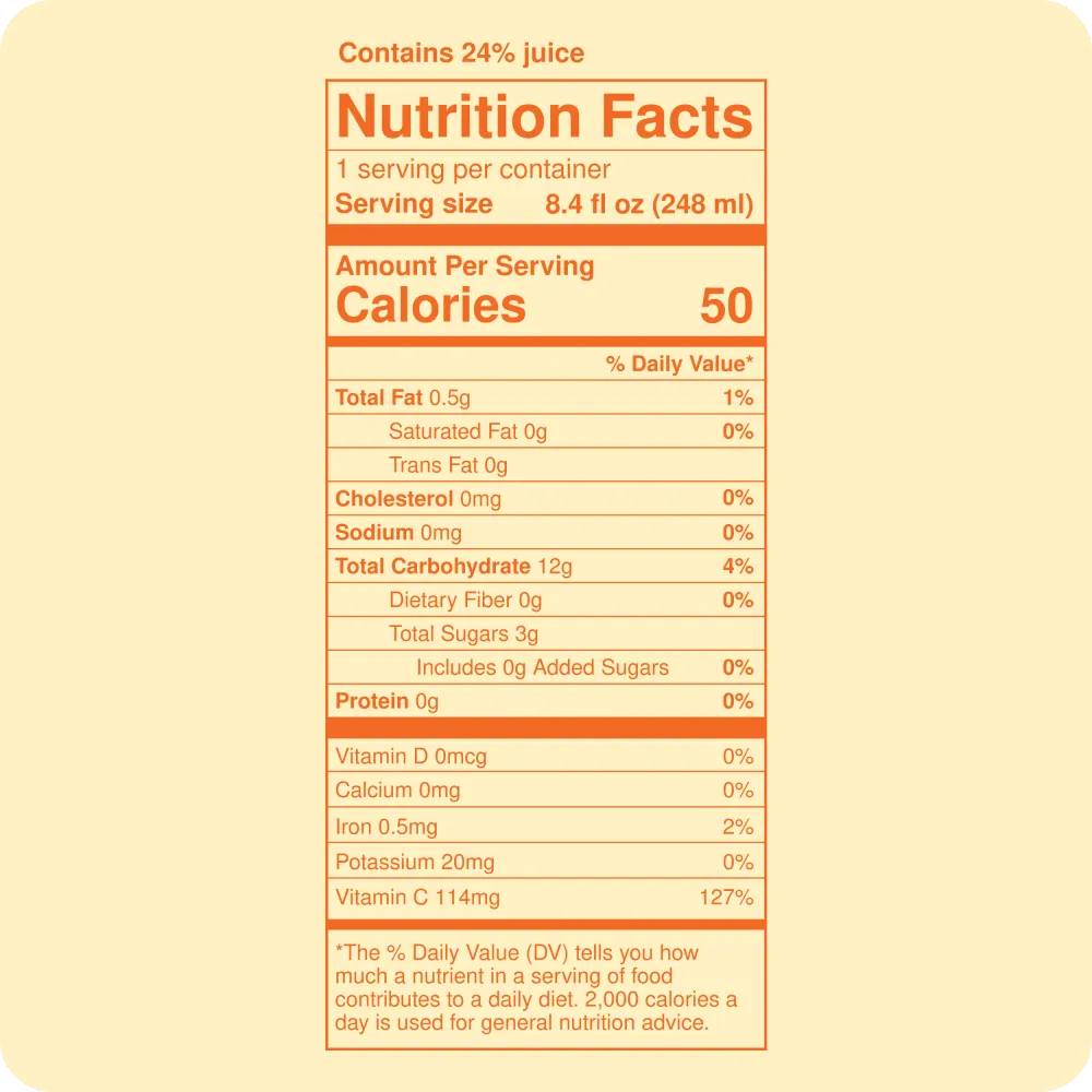 A standalone Nutrition Facts panel on a pale yellow field, with orange text and borders