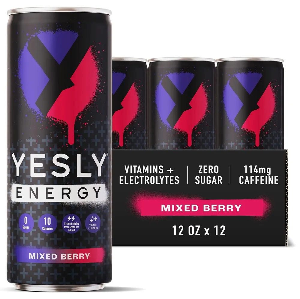 A Yesly Energy Mixed Berry can in front of its 12-can case on a white background