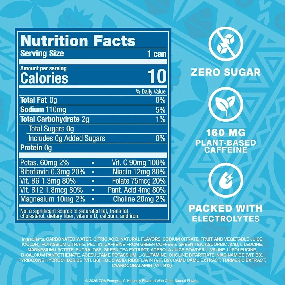 ZOA Energy Drink zoa shave ice blue raspberry label