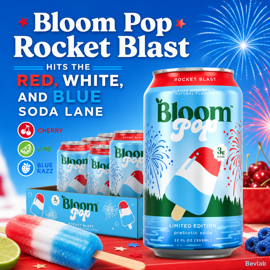 Bloom Pop Rocket Blast cans and red white and blue popsicle