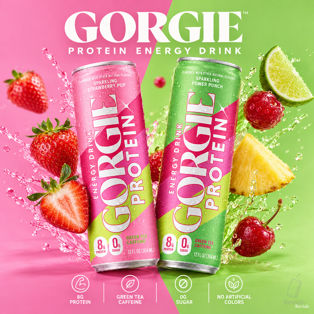Can of GORGIE Protein Energy Drink Strawberry Pop flavor on a pink background.