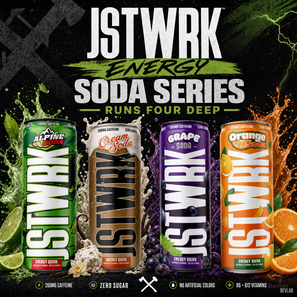 JSTWRK Energy Alpine Soda, Cream Soda, Grape Soda, and Orange Soda cans