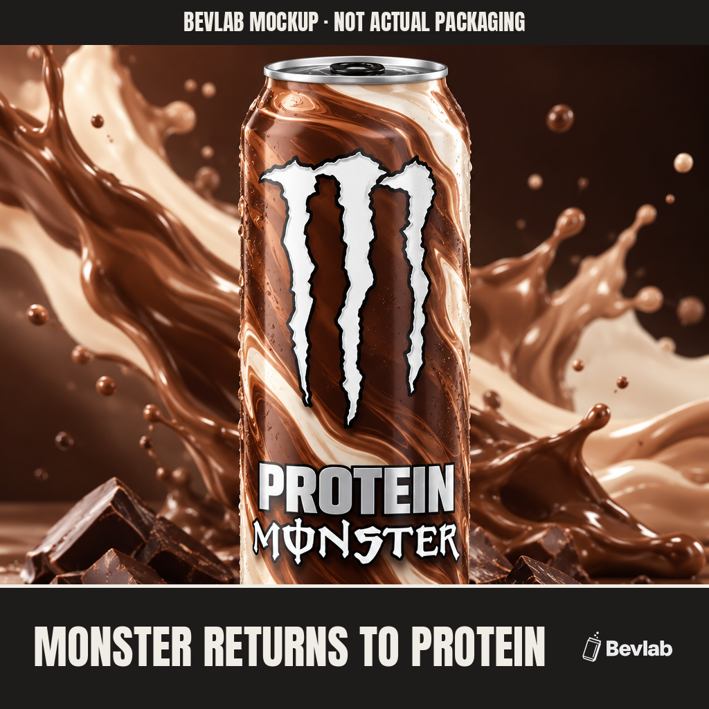 Bevlab concept mockup for Monster Protein Energy: 30g Milk Protein Energy Shake Set for 2027 (not actual packaging)