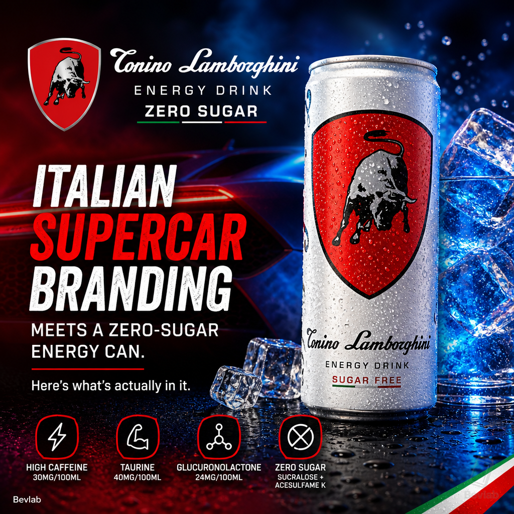 Can of Tonino Lamborghini Energy Drink Zero Sugar, mixed fruit flavor.